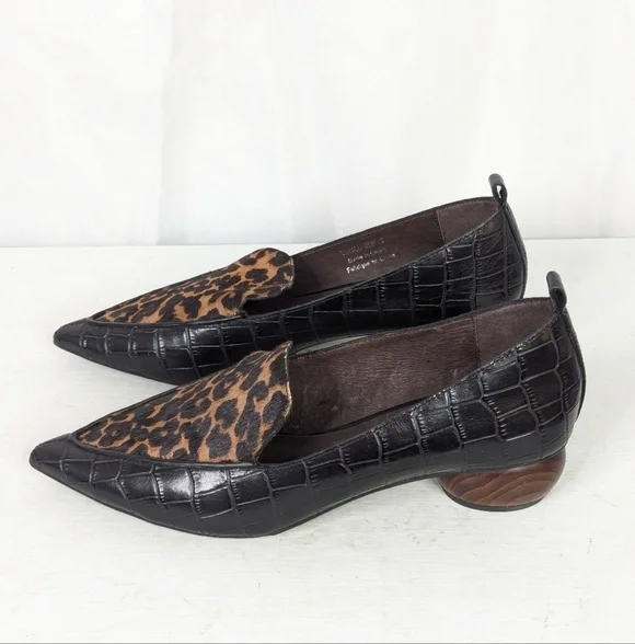 Jeffrey Campbell Viona Croc Leopard Print Wood Heel Loafers - Size 7 - Picture 4 of 8